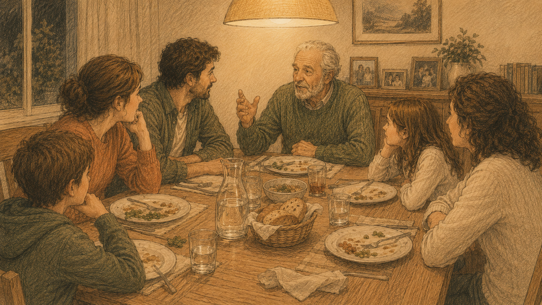 Multi-generational family of six gathered around a long dinner table in warm evening light, grandparent in mid-conversation while kids and parents lean in to listen.