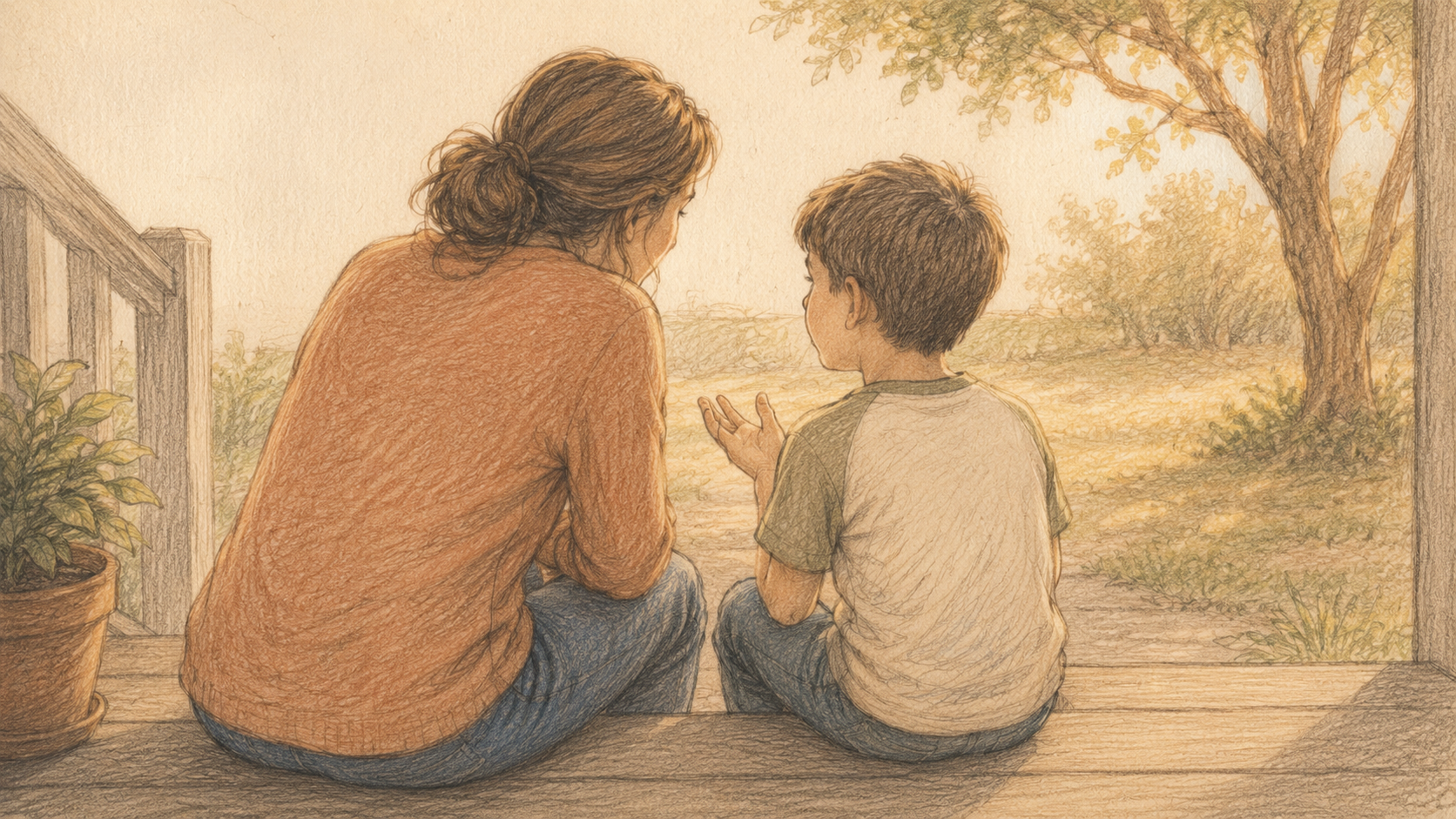 Parent and child ages 5 to 9 sitting side by side on wooden porch steps in afternoon light, leaning in toward each other mid-conversation.