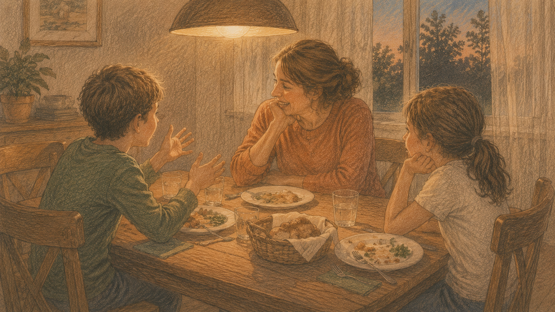 Family of three sitting at a dinner table in warm evening light, kids and parent leaning toward each other mid-conversation with plates of food on the table.