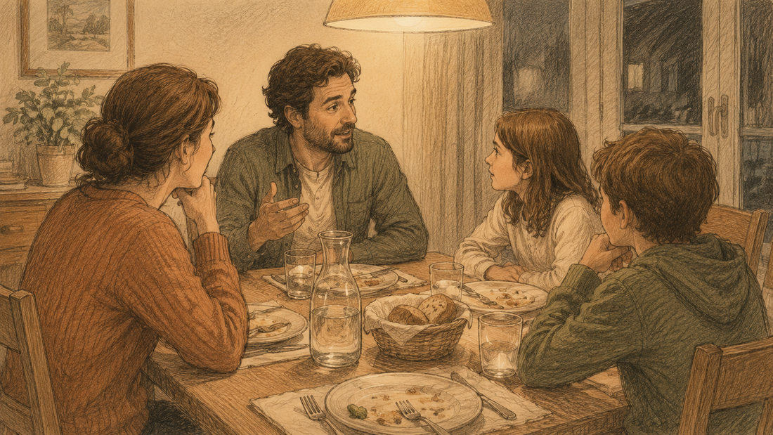 Family of four around a dinner table mid-round, each person looking at a different person across the table while one is answering and the others are listening.
