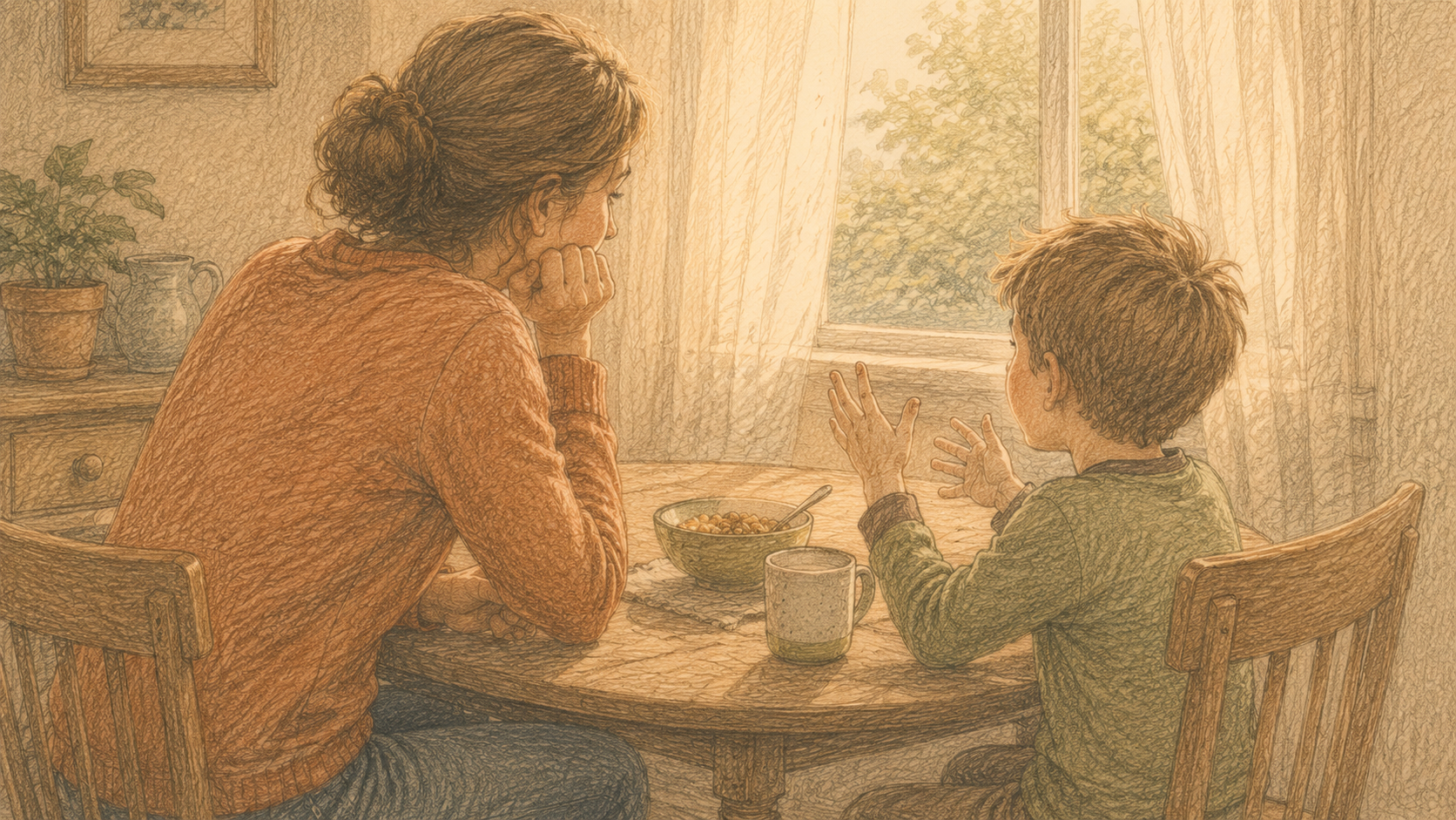 Parent and young child sitting at a small kitchen table during breakfast, parent leaning in to listen while child gestures mid-sentence.