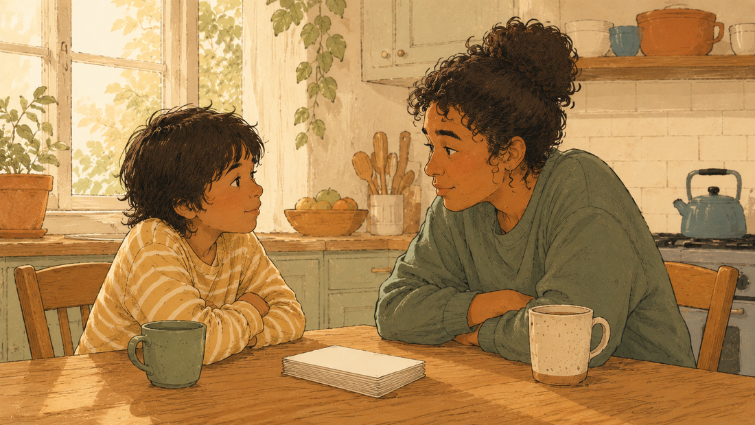 Parent and kid ages 5 to 9 seated at a kitchen table mid-conversation, a small stack of plain cards between them.