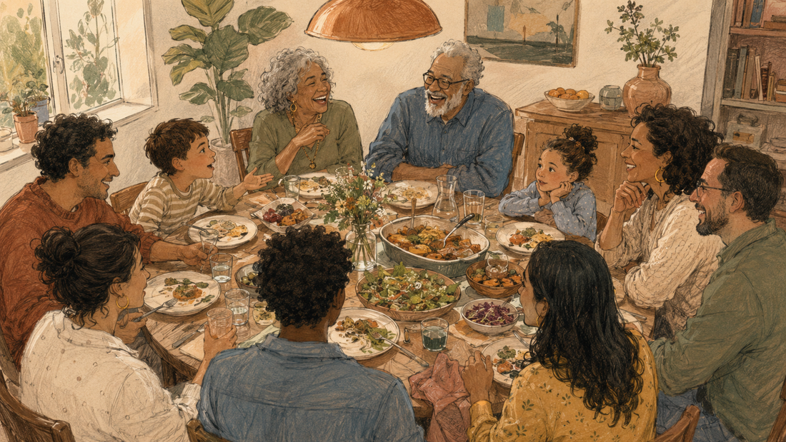 Multi-generational family seated around a long table mid-conversation during a holiday gathering.