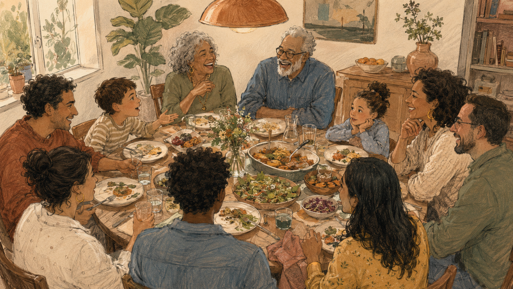Multi-generational family seated around a long table mid-conversation during a holiday gathering.