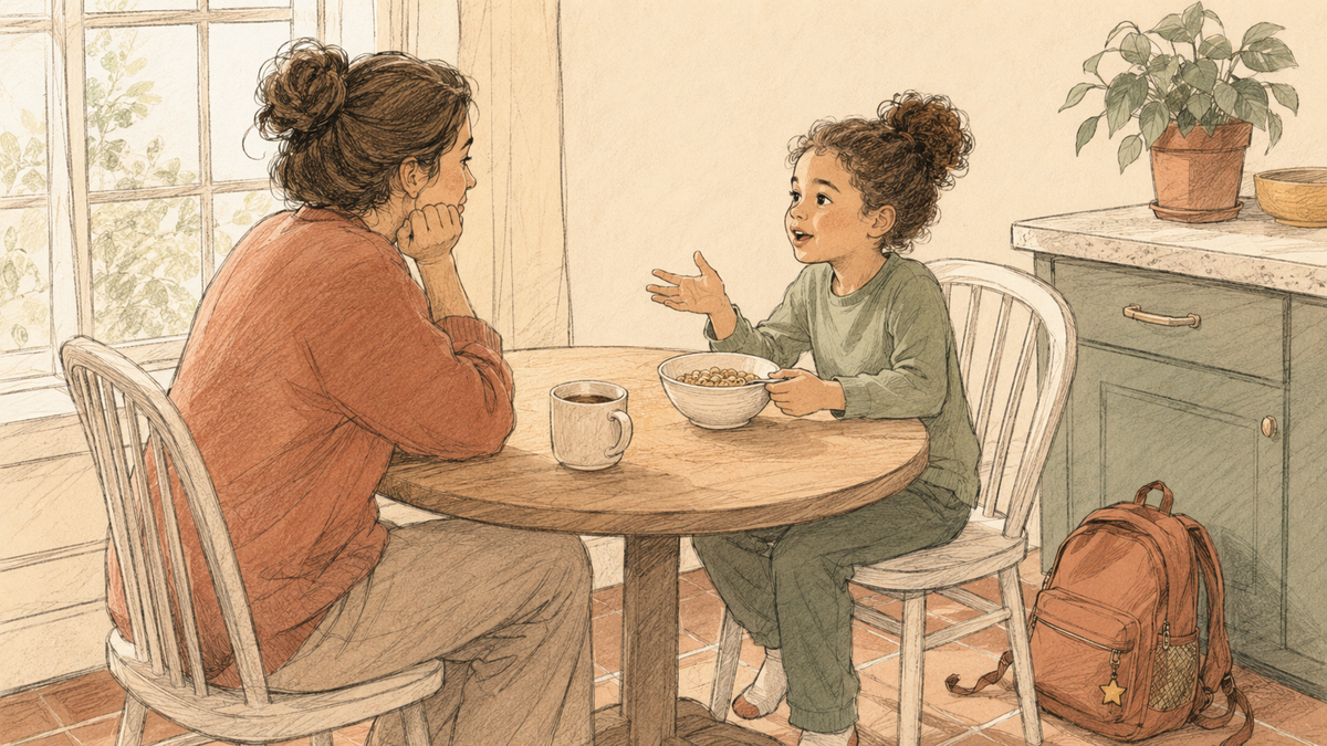 Parent and elementary-age kid at a small breakfast table having a quiet morning conversation in soft morning light.