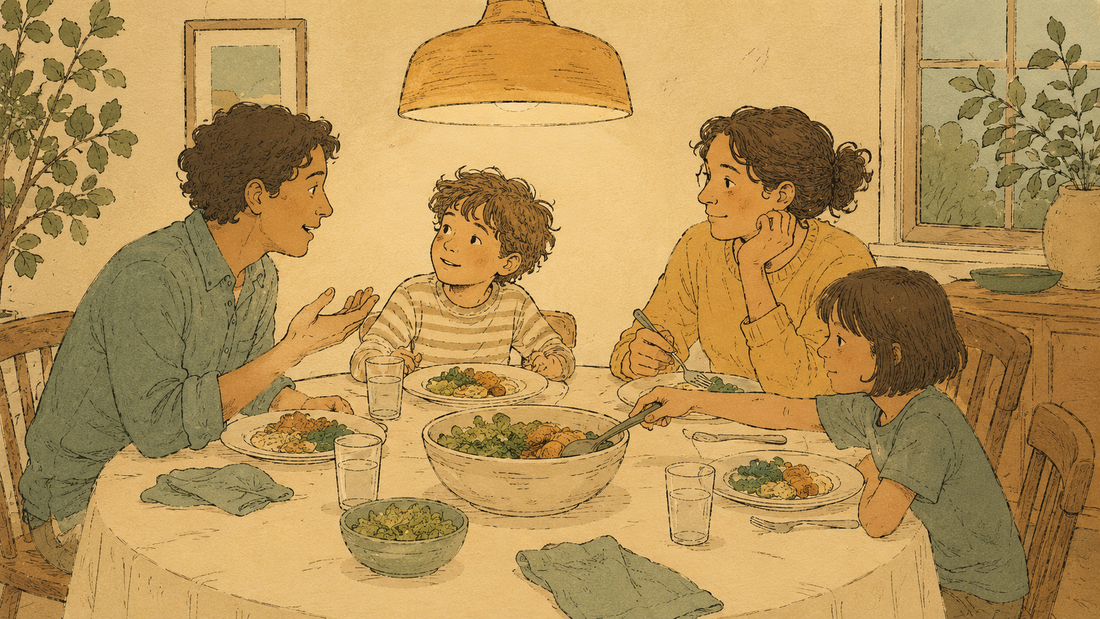 Illustrated family gathered around a dinner table mid-conversation