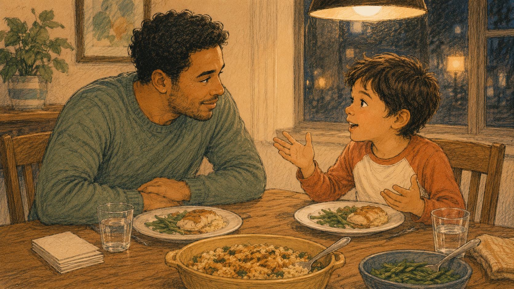 Parent and kid ages 5 to 9 at the dinner table mid-conversation, plain cards beside the plates.