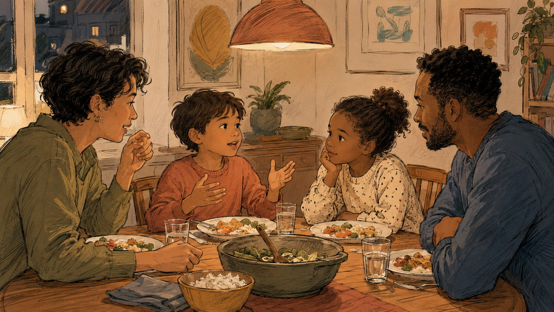 Family of four seated at the dinner table mid-conversation during an evening meal.
