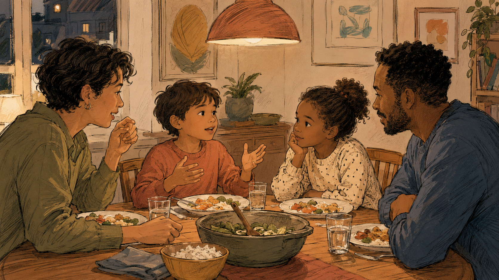 Family of four seated at the dinner table mid-conversation during an evening meal.