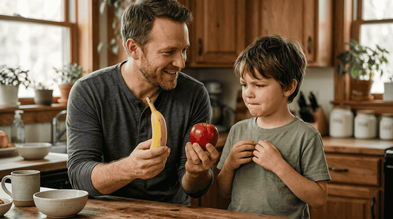 A dad and his young son play a this or that food choice at the kitchen counter, choosing between a banana and an apple.