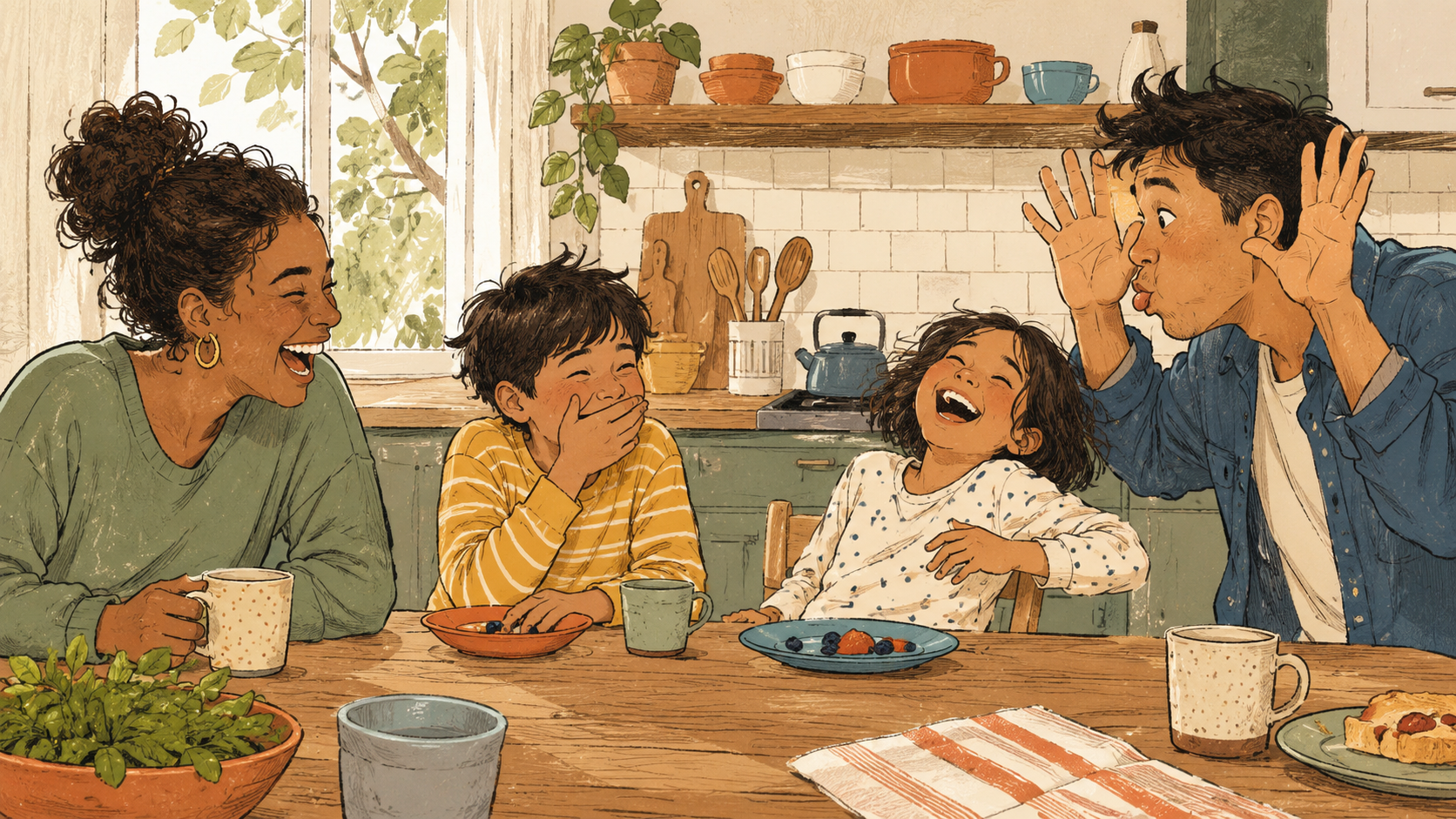 Family of four laughing together at a kitchen table during a playful conversation.