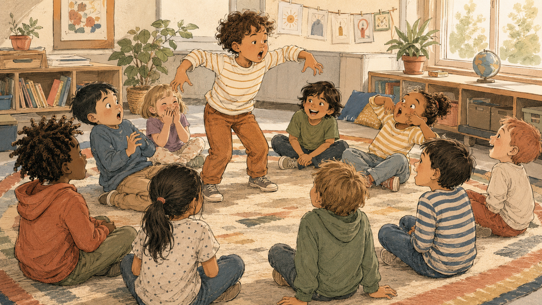Group of kids ages 5 to 9 in a classroom circle laughing during a silly icebreaker round.