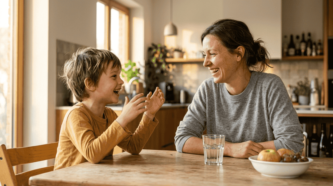 Parent and child ages 5 to 9 laughing together at a kitchen table during a fun conversation