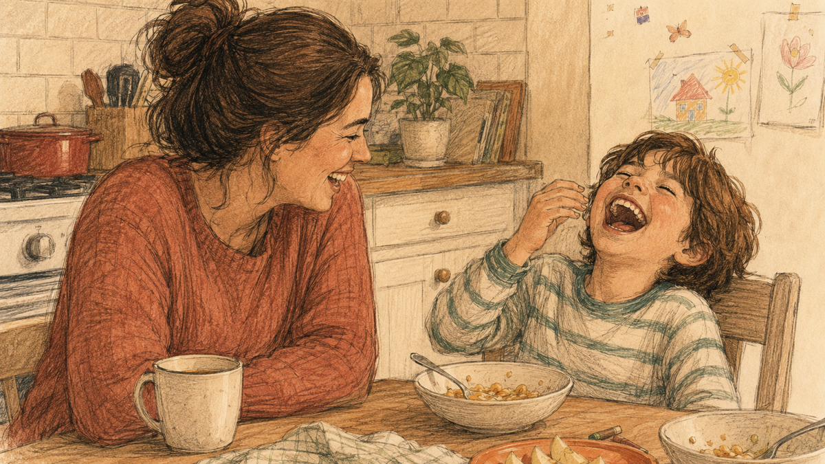 Parent and 8-year-old at the kitchen table sharing a belly laugh over an ordinary weekday meal.
