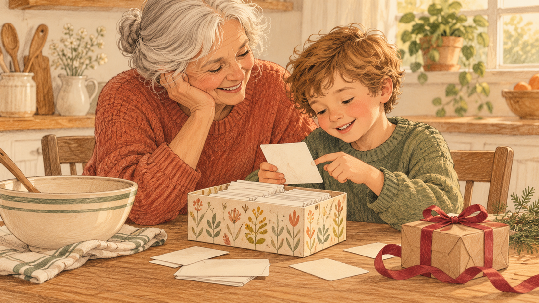 A grandparent and grandchild opening a recipe box together at a kitchen table, one of many gifts from grandparents that get used all year.