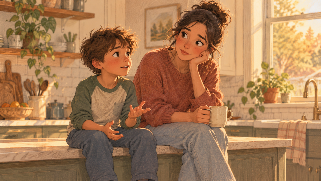 A parent and their kid sitting side by side on a kitchen counter, mid-conversation, in a warm quiet moment about how to talk to a kid ages 5 to 9.