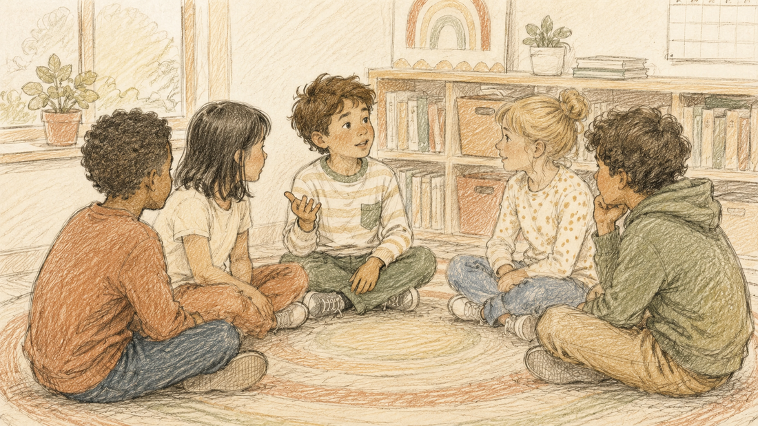 Small circle of school-age kids sitting on a classroom rug or playroom floor, all looking toward the kid in the middle who is mid-sentence with one hand raised.