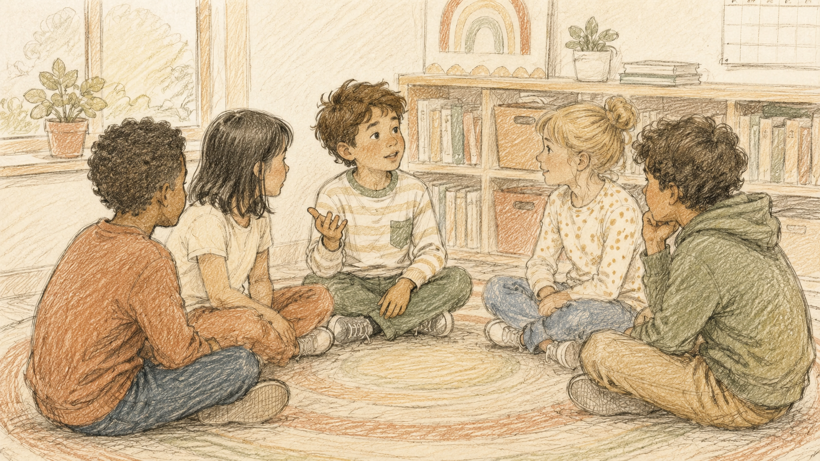 Small circle of school-age kids sitting on a classroom rug or playroom floor, all looking toward the kid in the middle who is mid-sentence with one hand raised.