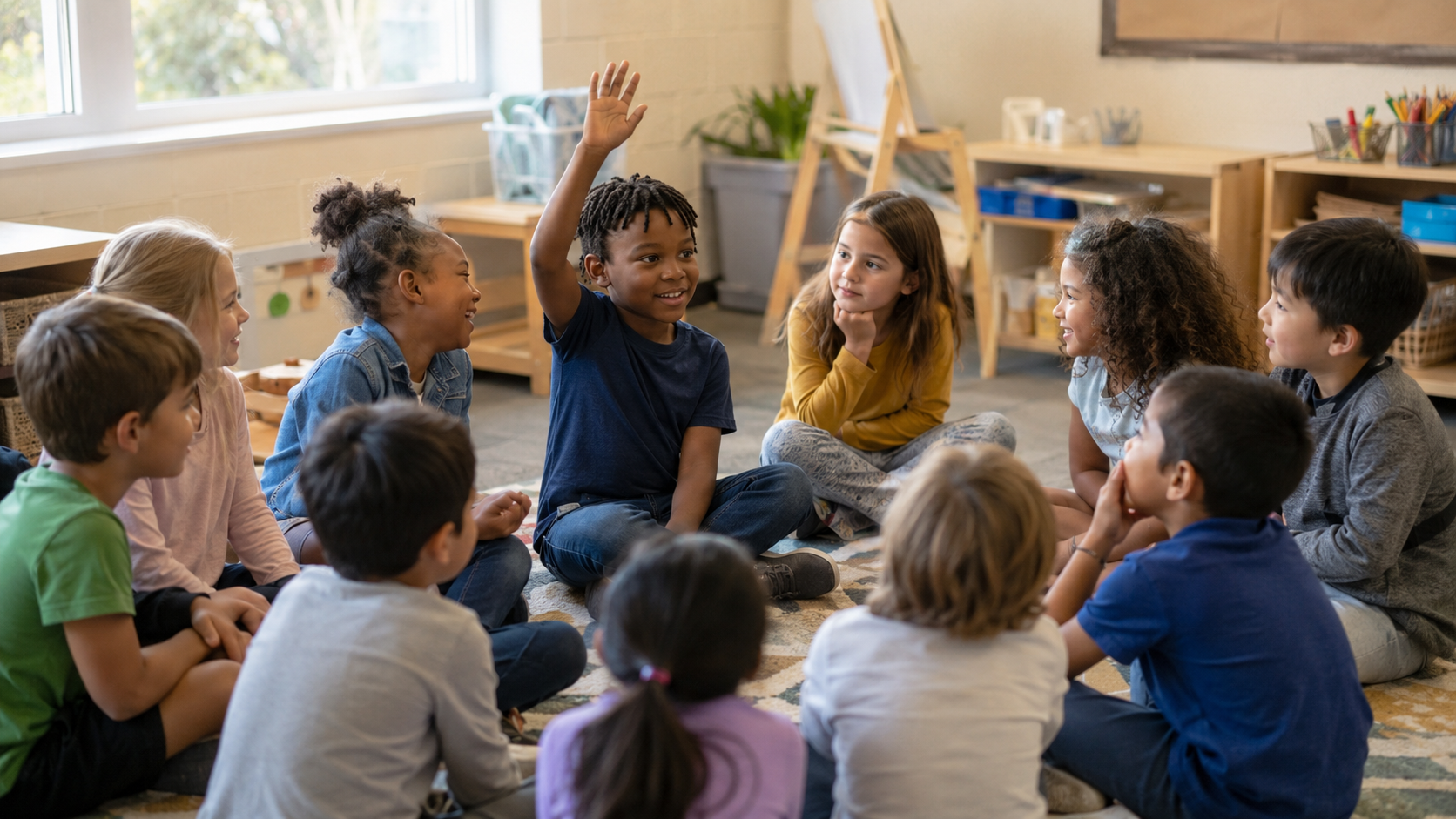 Group of kids ages 5 to 9 sitting in a classroom circle answering an icebreaker question.