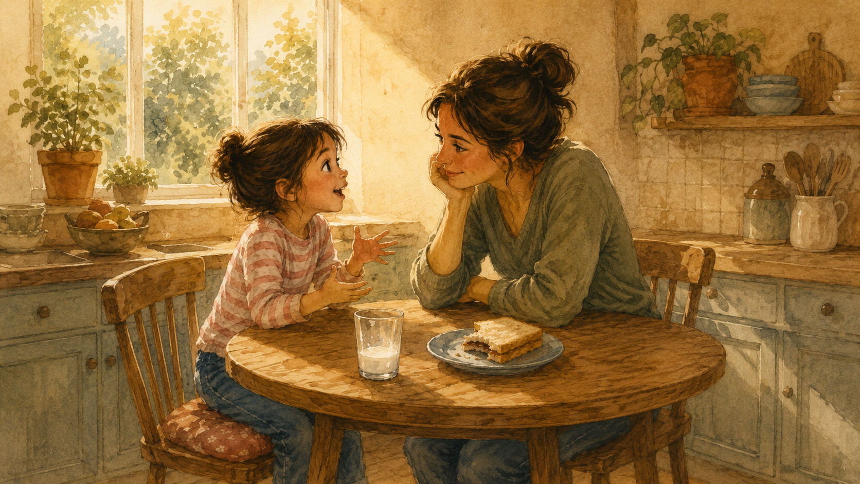 A parent and kindergartner mid-conversation at the kitchen table