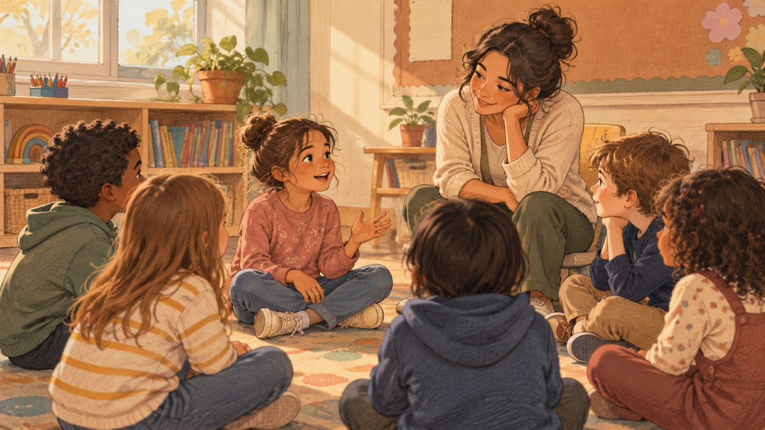 Elementary teacher sitting with a small group of Grades K-4 students in a circle on a classroom rug for morning meeting, one student mid-answer with a hand raised, others listening warmly.