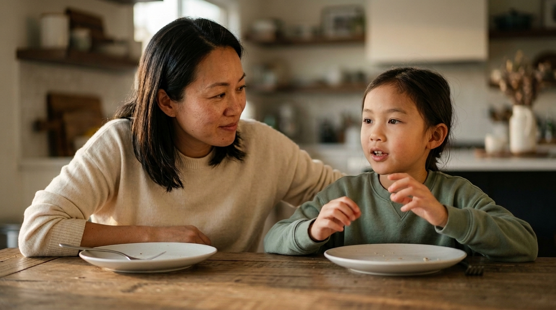 Asian mother and 8-year-old daughter in a real conversation at the kitchen table, listening attentively to each other