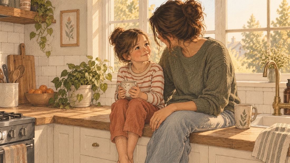 Parent and young child leaning toward each other on a kitchen bench in soft morning light, mid-conversation over a single question of the day.