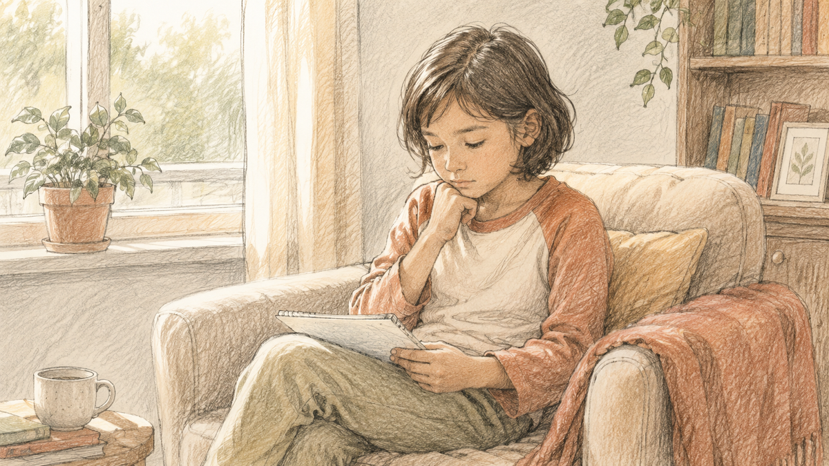 A kid ages 5 to 9 sitting quietly and thinking through a question at their own pace.