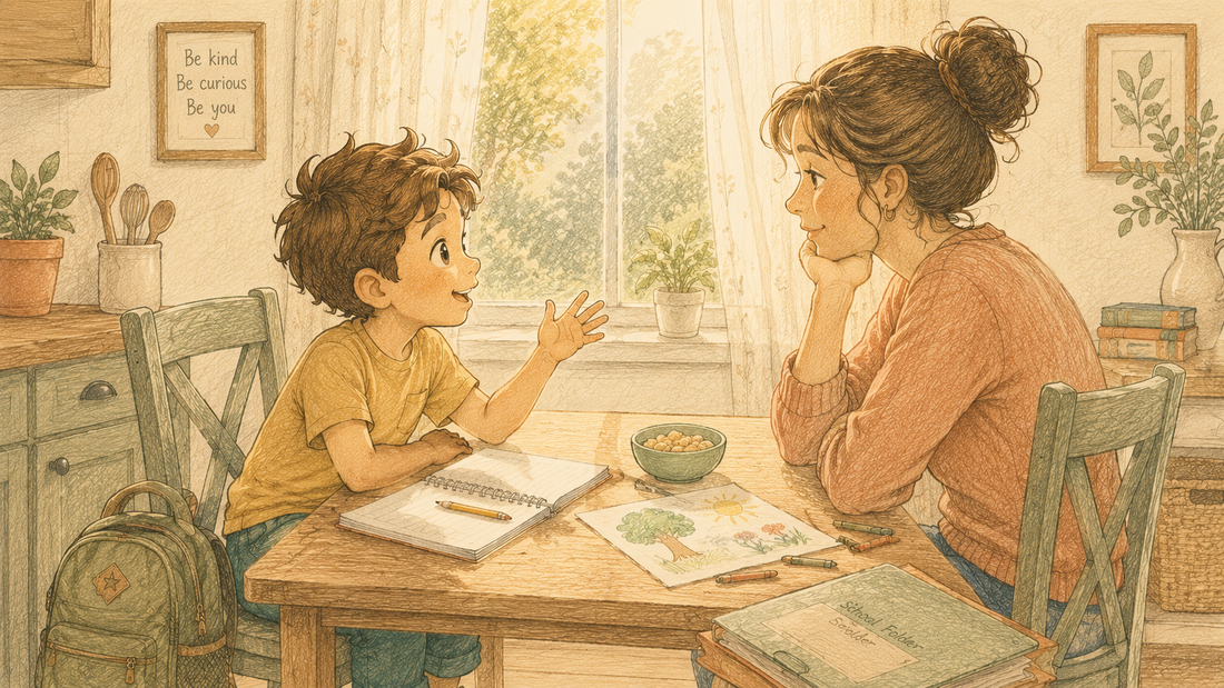 Parent and young child sitting side by side at a small kitchen table doing homework or crafts together in warm afternoon light, both mid-conversation.
