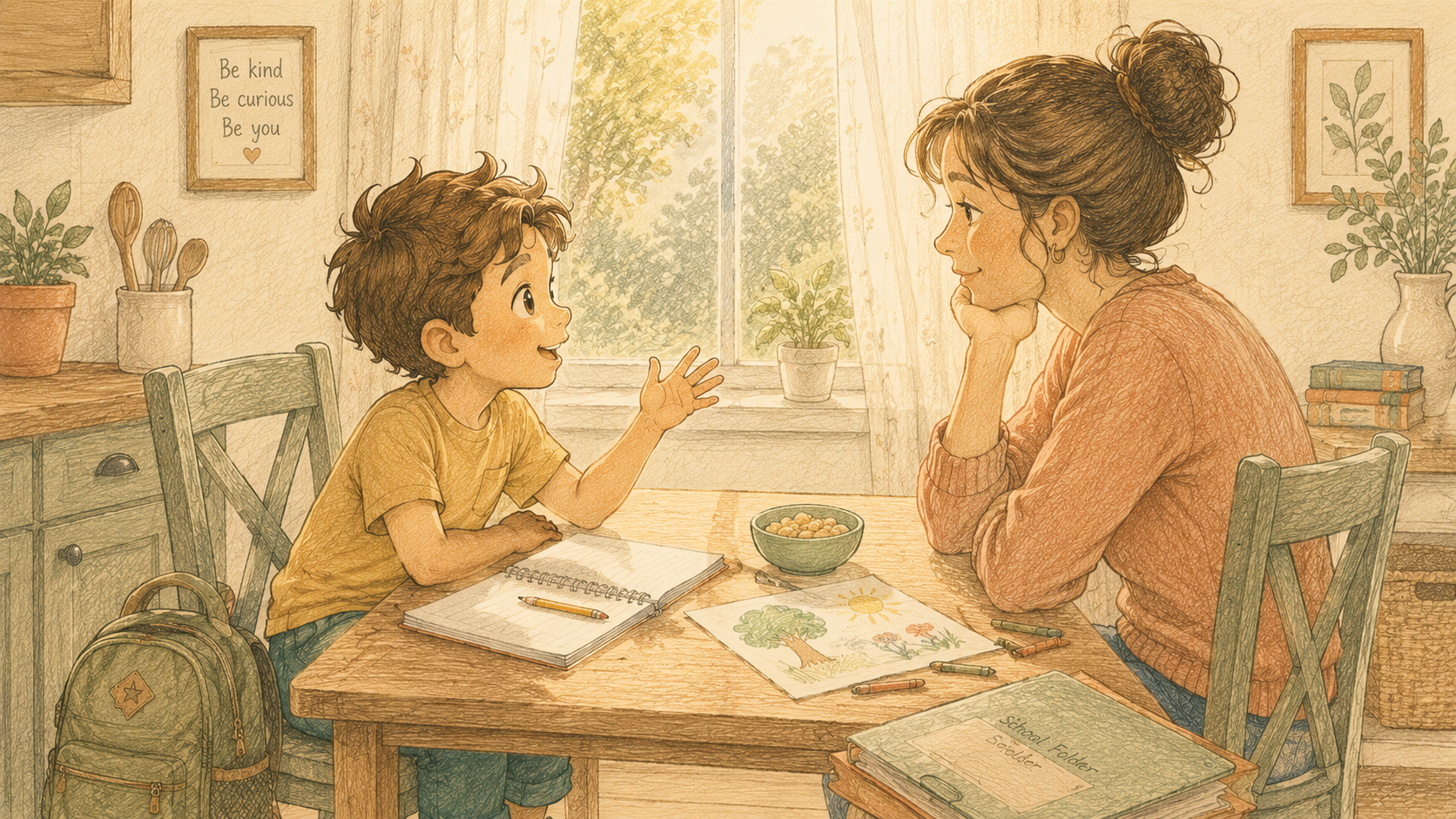 Parent and young child sitting side by side at a small kitchen table doing homework or crafts together in warm afternoon light, both mid-conversation.