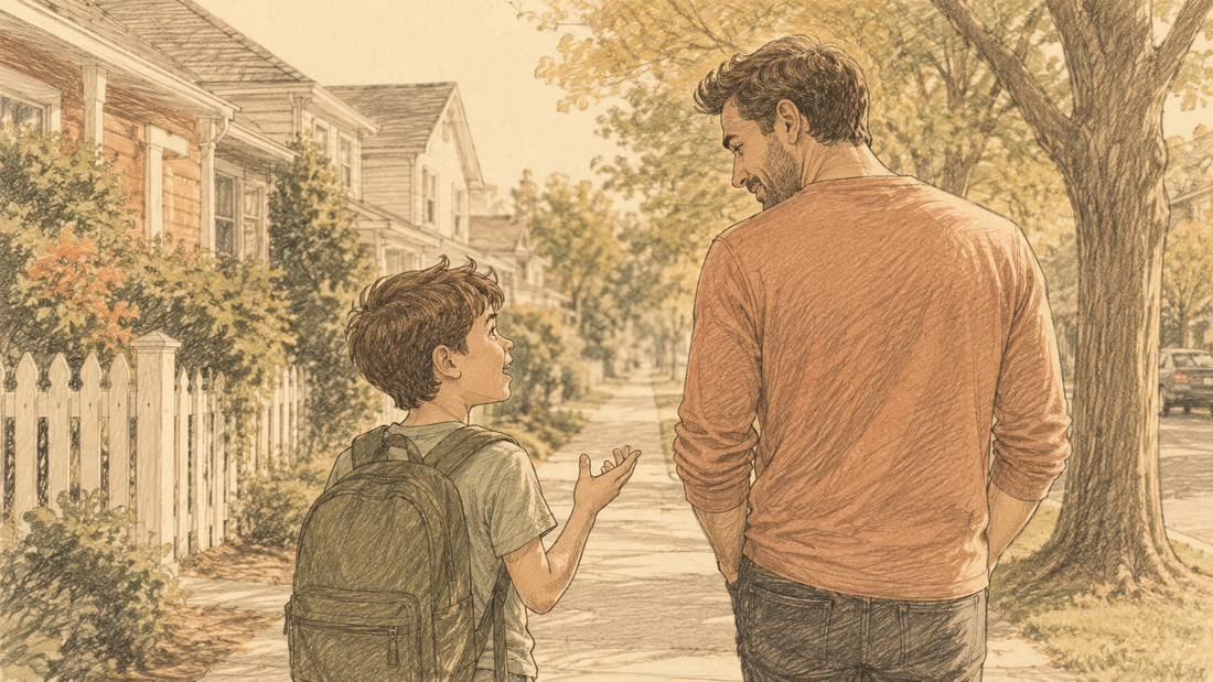 Parent and 7-year-old walking together along a suburban sidewalk after school, mid-conversation, in warm afternoon light.