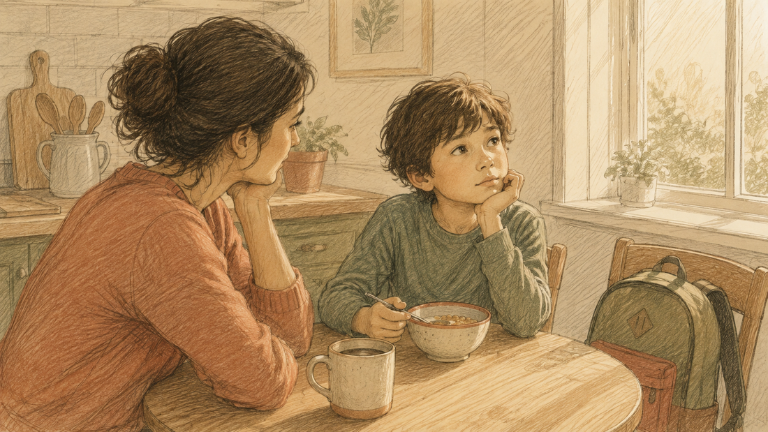 Parent and 8-year-old at the kitchen table having a quiet morning conversation over breakfast.