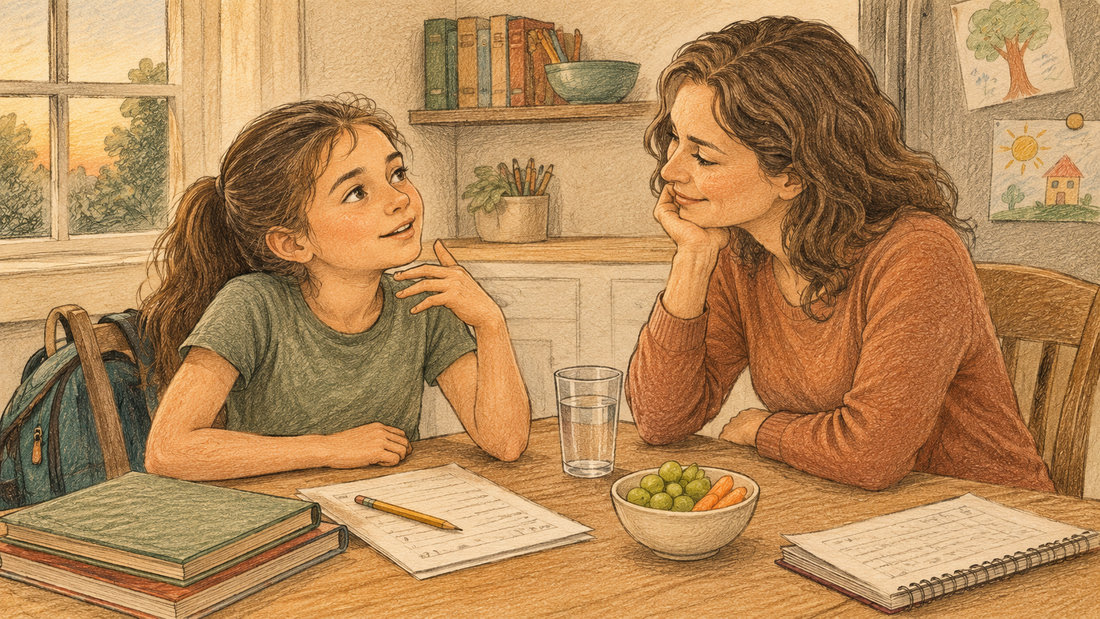 Parent and 9-year-old sitting together at the kitchen table, having an unhurried conversation while the child considers what they really think.