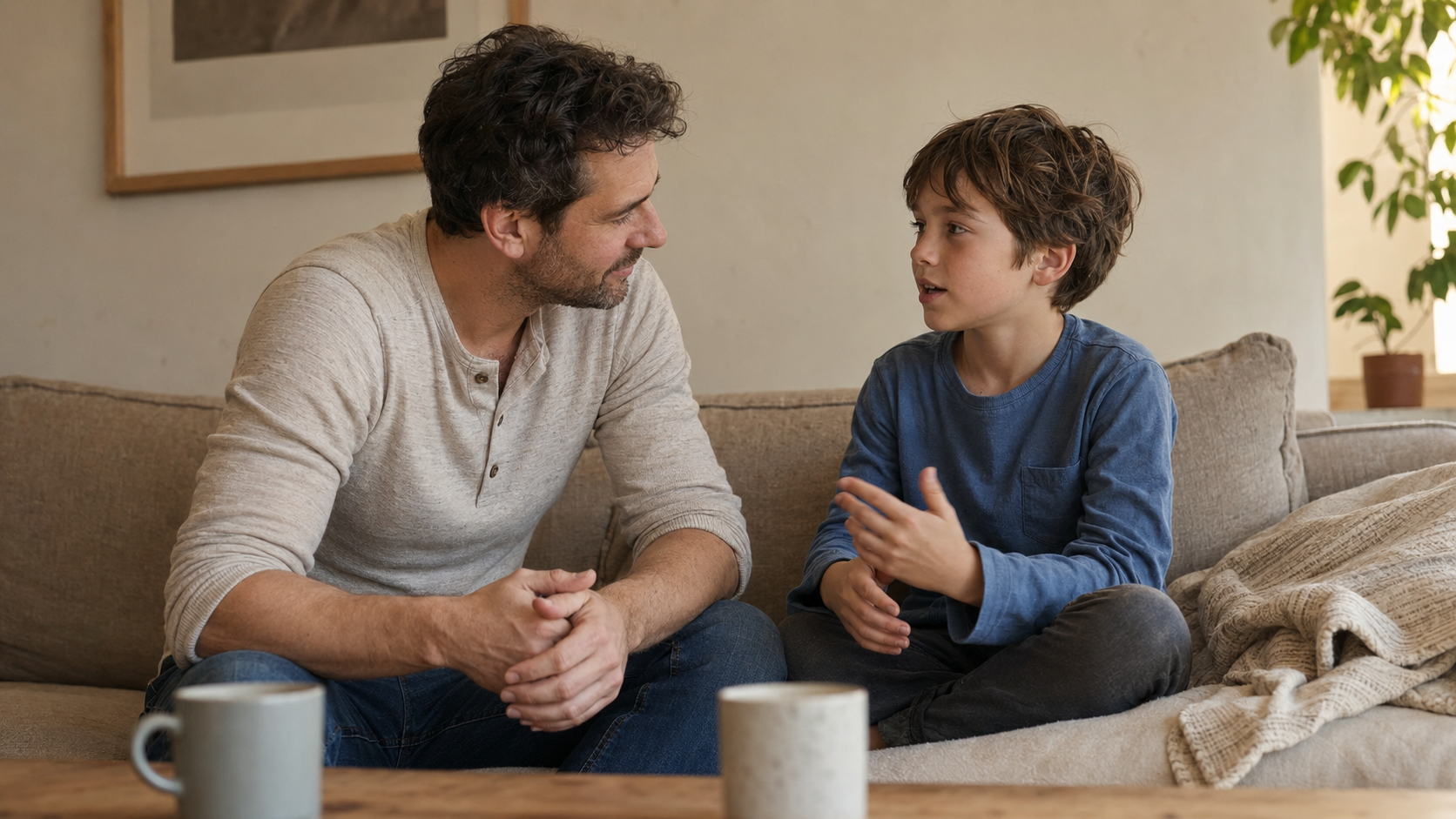 Dad listening attentively to their child ages 5 to 9 during a quiet conversation on the living room couch