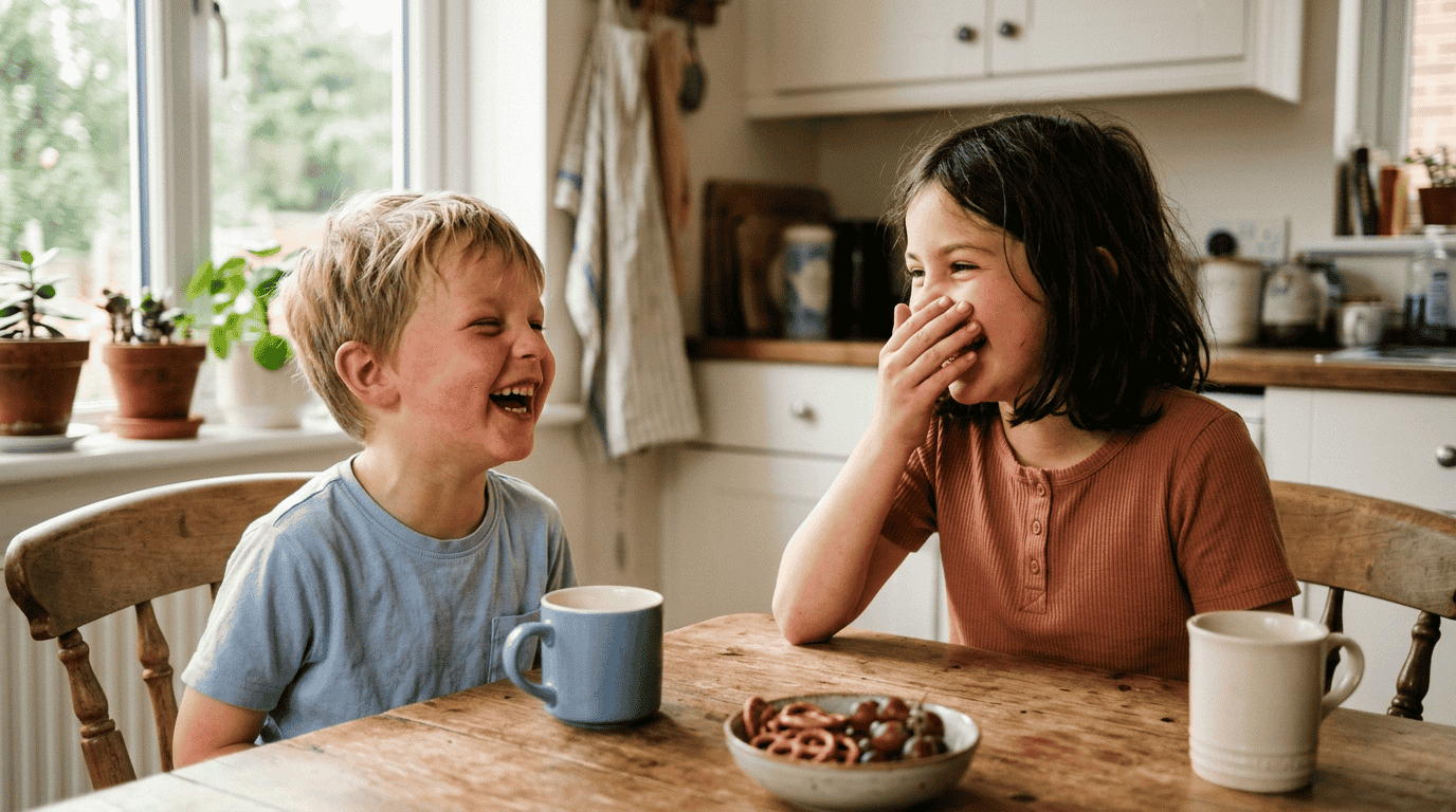 Two children laughing together at a kitchen table