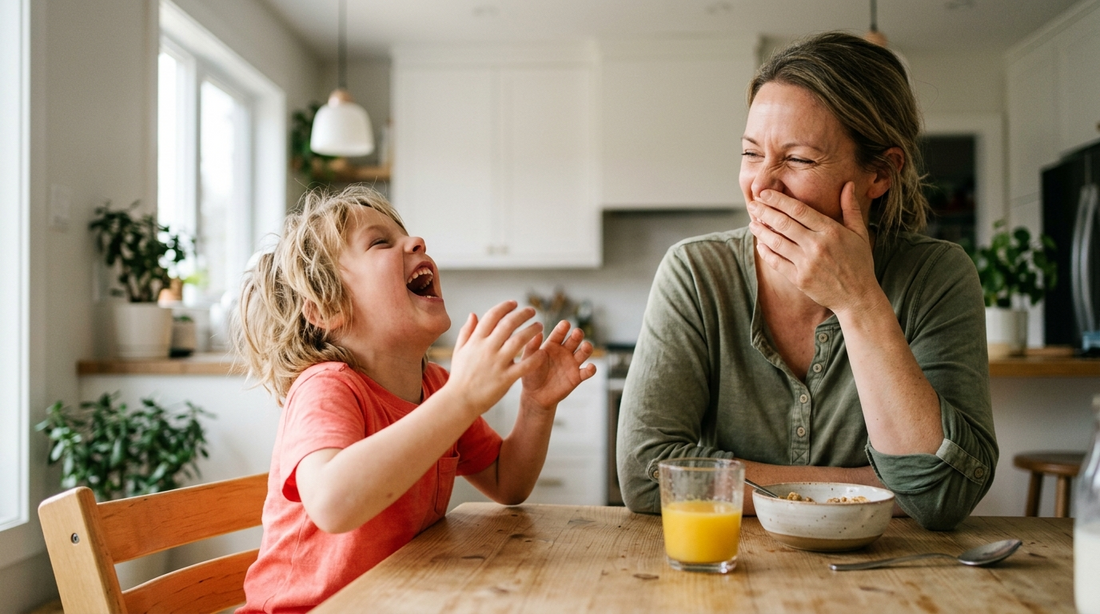 Parent and child ages 5 to 9 laughing together while playing a silly questions game at the kitchen table