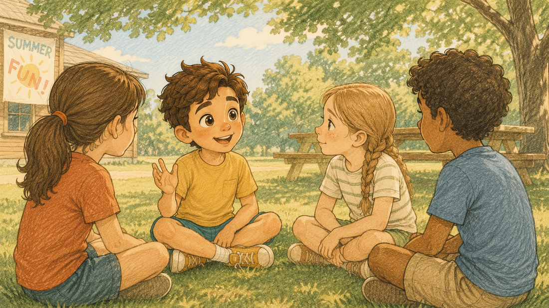 Small group of school-age kids sitting cross-legged on grass at a day camp or summer program, one kid in the middle mid-sentence with a small hand raised while the others lean in listening.