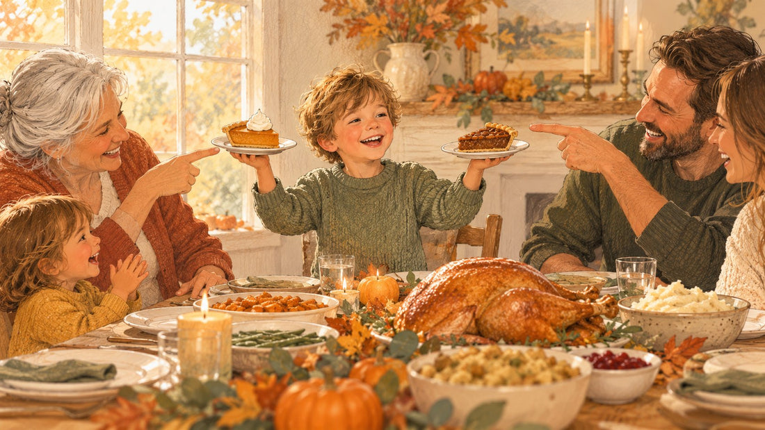 A child holding up two pie slices and asking the family a Thanksgiving this or that question at the dinner table.