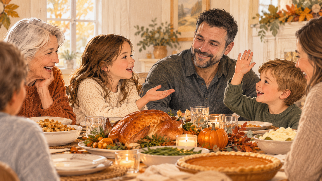 A family laughing around a Thanksgiving table while a child asks a would you rather question.