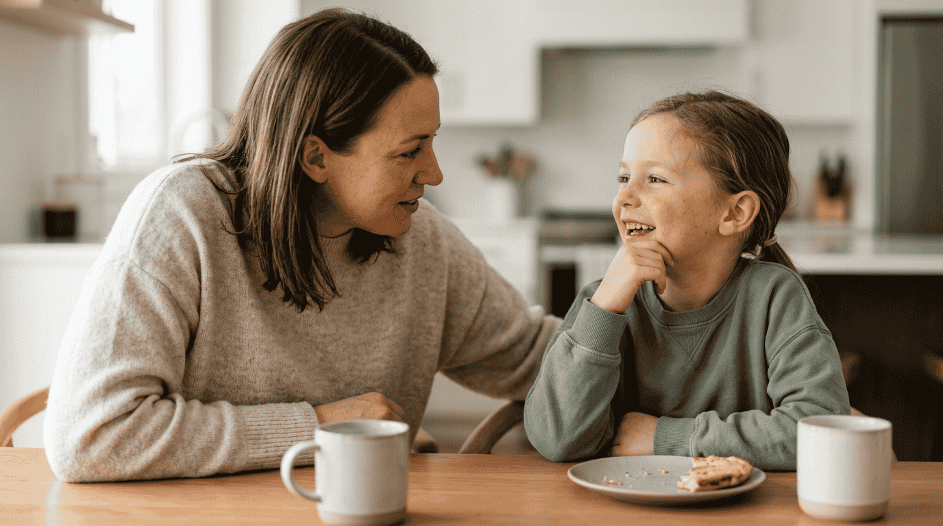 A mother and her young daughter talking and smiling at the kitchen table 
