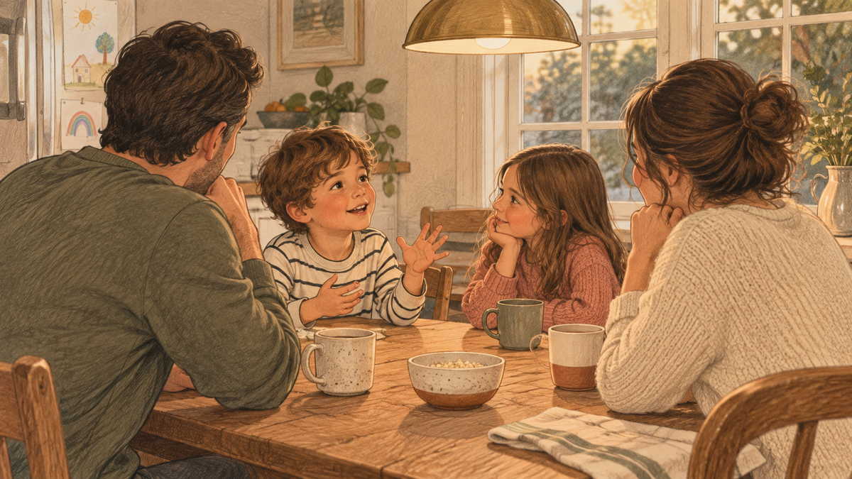A family of four ages 5 to 9 and two grown-ups sitting around a kitchen table for a family game night, one kid mid-sentence with everyone leaning in.