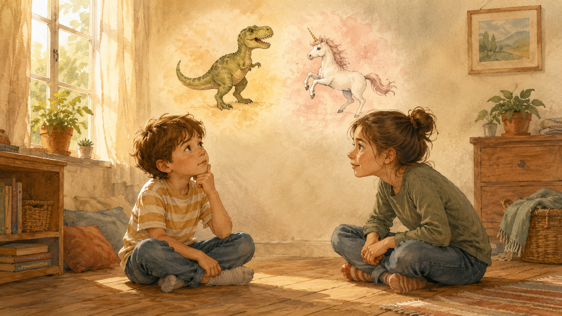 Two children playing a would you rather game with imagined options floating between them
