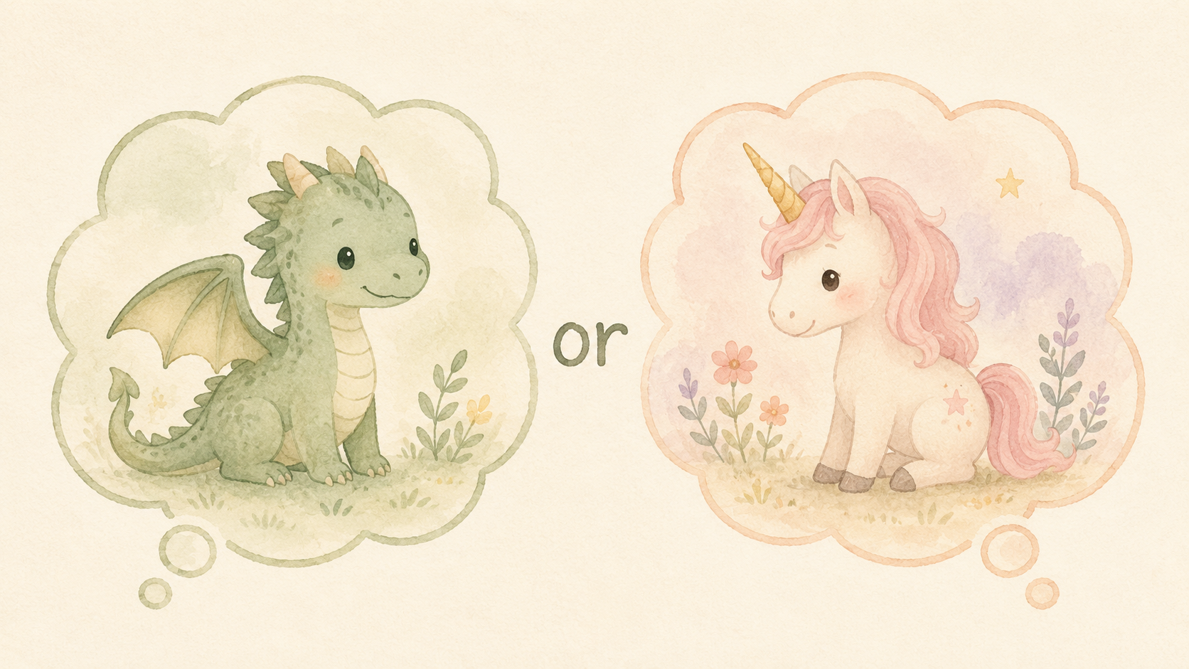 Illustrated thought bubbles showing a small dragon and a small unicorn with the word or between them
