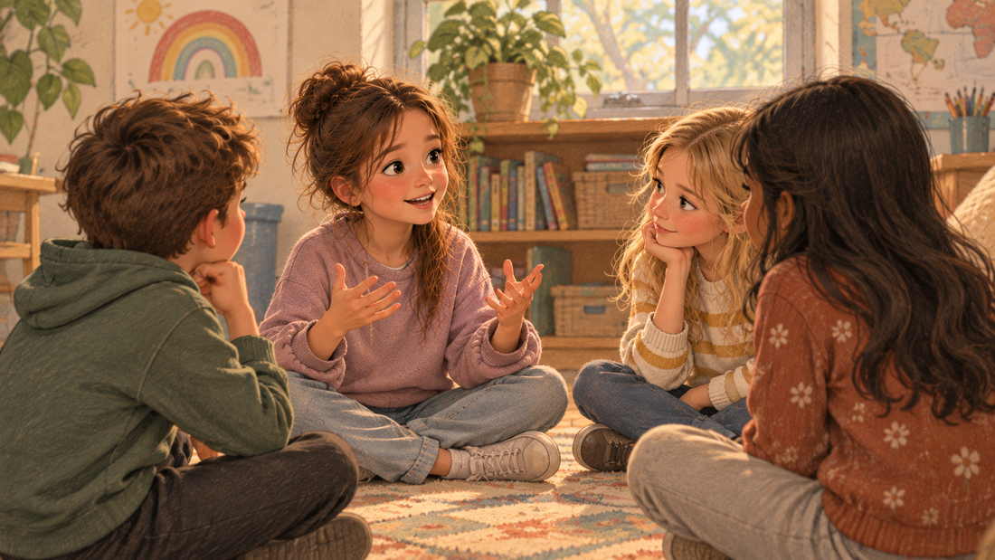 A small group of elementary-age kids sitting cross-legged on a classroom rug mid-conversation, one kid gesturing with hands while the others lean in listening.