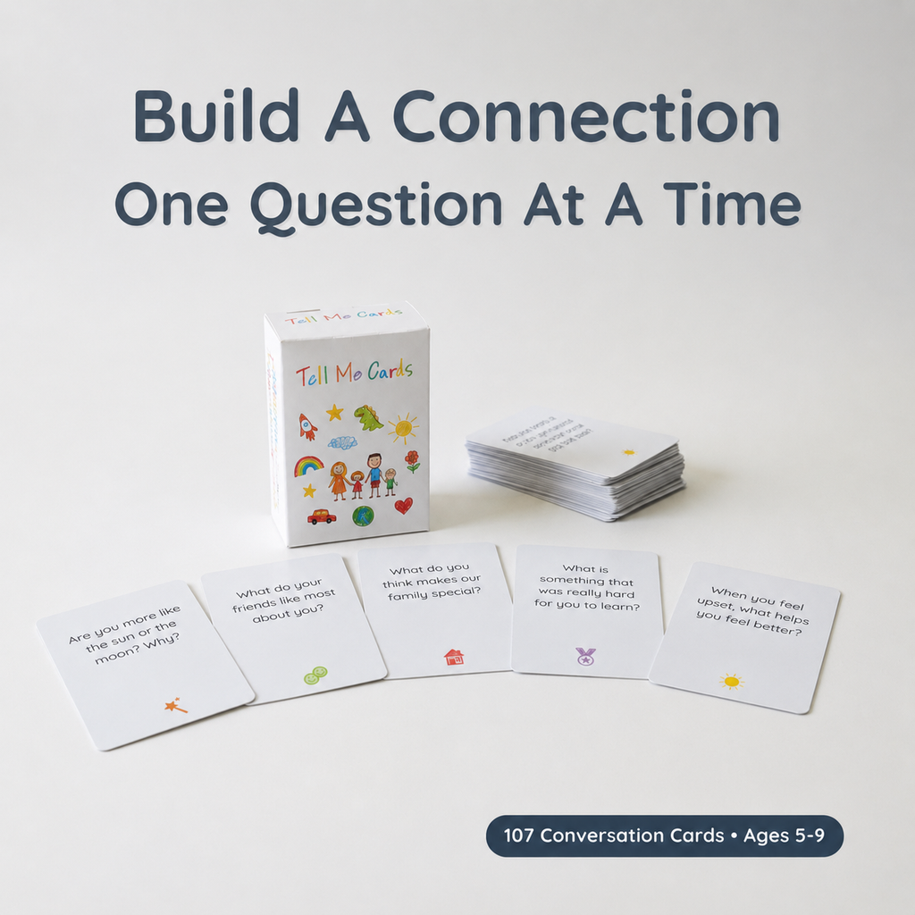 Tell Me Cards conversation card set with a white box, a stack of cards, and five sample cards fanned out on a light gray background. Large text at the top reads 'Build A Connection One Question At A Time' and a badge at the bottom says '107 Conversation Cards • Ages 5-9'.