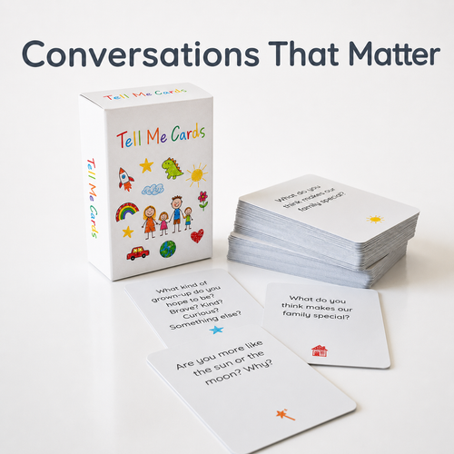The 'Tell Me Cards' deck and packaging shown on a clean white background, with the title 'Conversations That Matter' printed at the top. The white box features colorful illustrations of children, a rainbow, a rocket, and a car, while several sample cards are fanned out in front showing printed prompts.