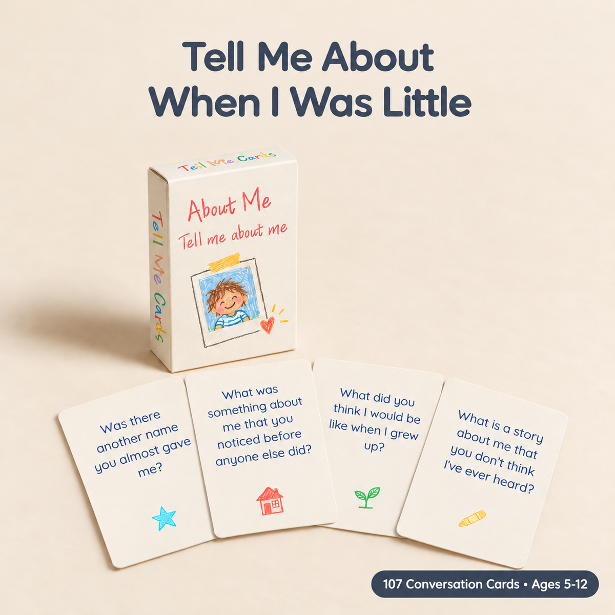 Tell Me Cards About Me deck box with four question cards, ages 5 to 12