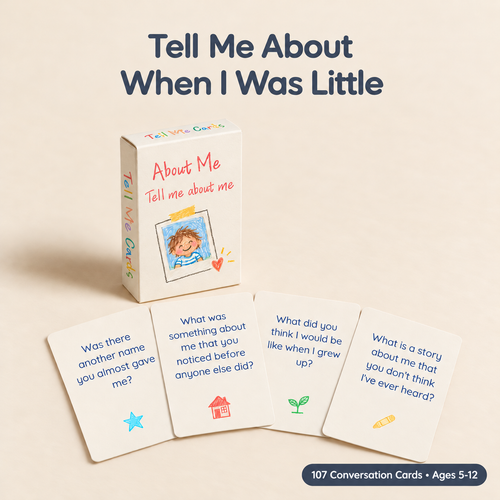 Tell Me Cards About Me deck box with four question cards, ages 5 to 12