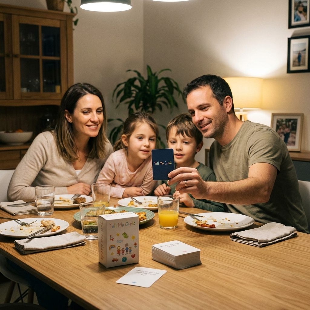 Family of four using the Tell Me Cards conversation deck at the dinner table after a meal