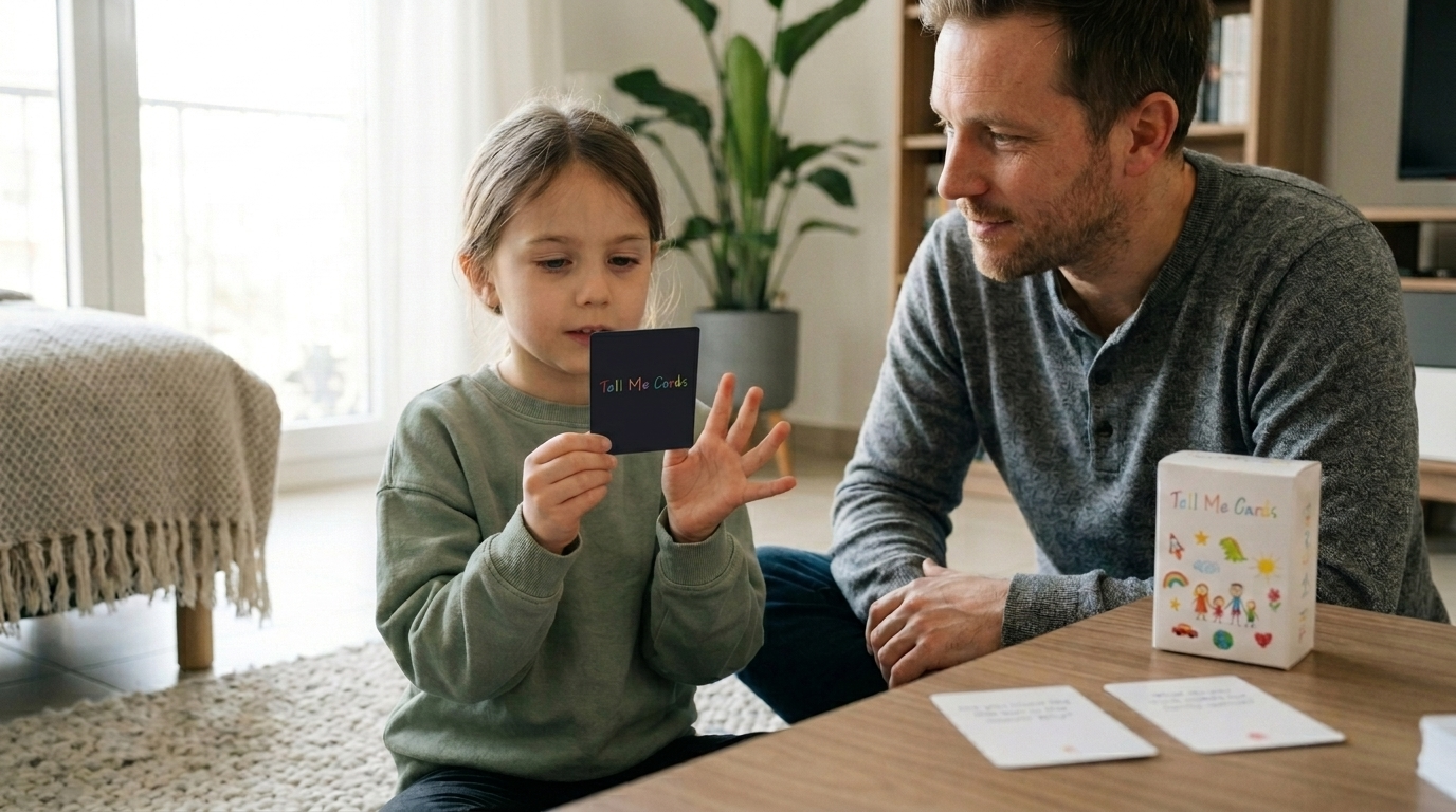 Father listens as his daughter reads a Tell Me Cards conversation card aloud on a weekend morning at home